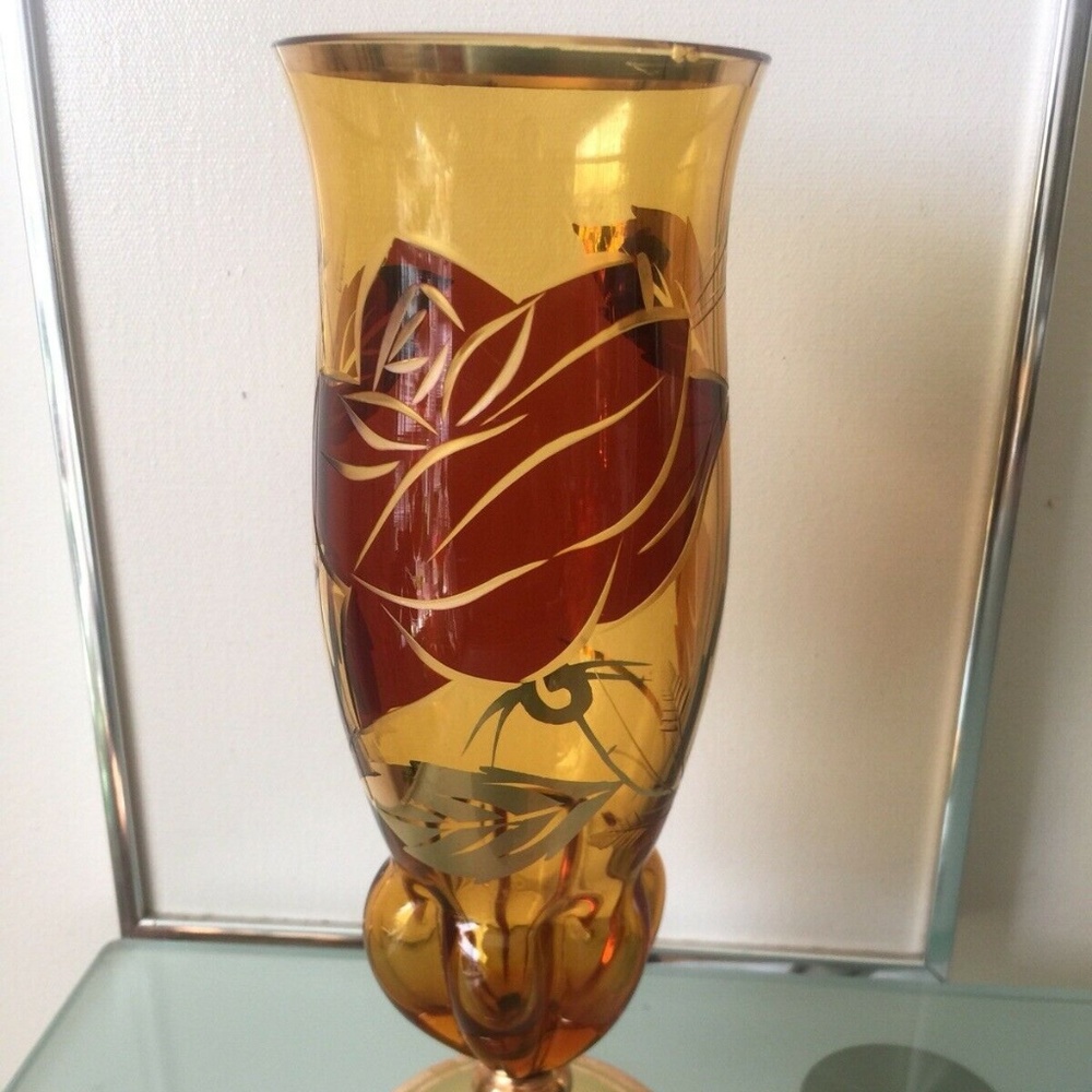 Hand Blown amber color with ruby/gold vase